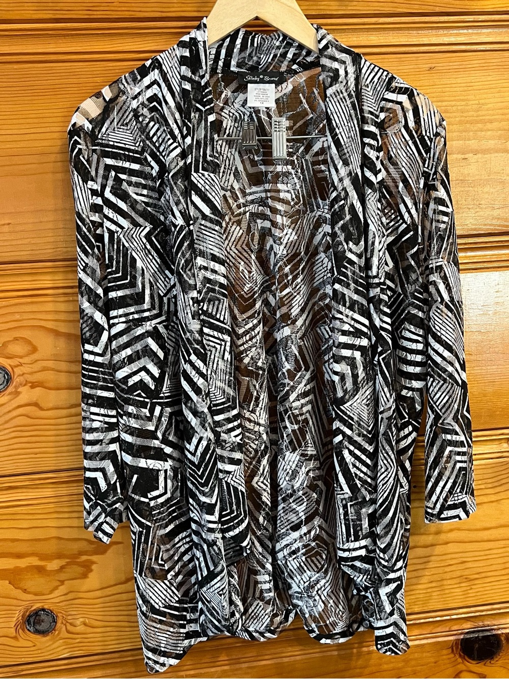 Slinky Brand 1X Black White Geometric Sheer Lace V Neck Duster Topper Mesh
